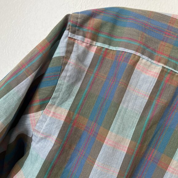 VTG Cacharel mens plaid short sleeve button shirt hipster thin blue L 60s 70s - Picture 5 of 5
